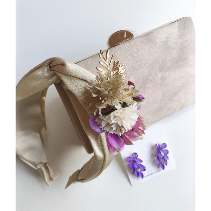 Diadema beige con tonos morados y oro