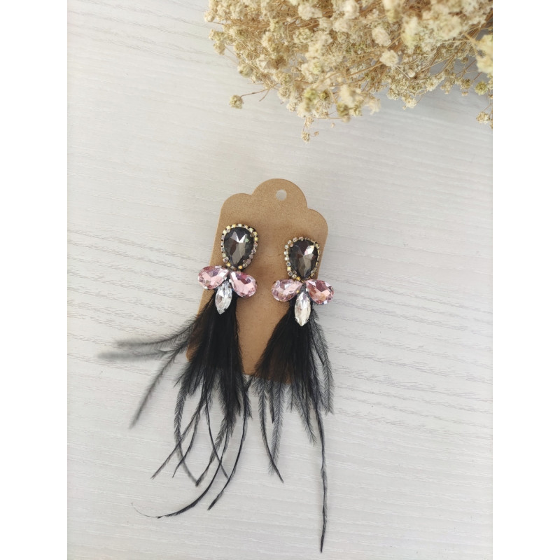 Pendientes fiesta, rosa y plumas negras